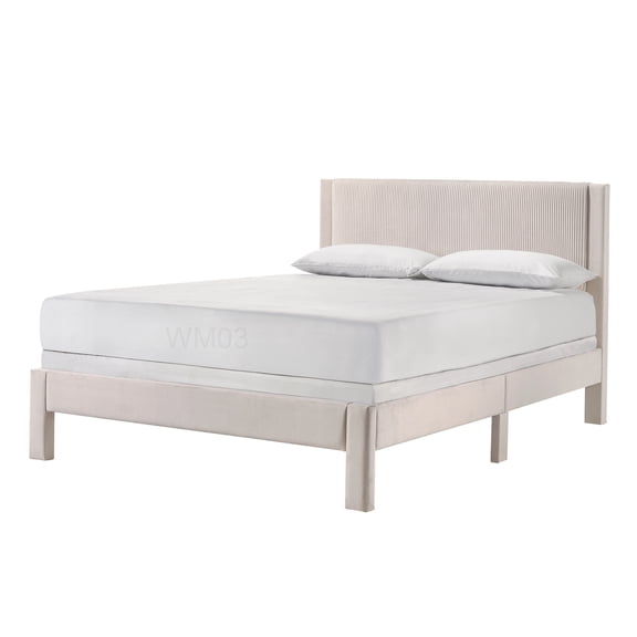 Modern Pink Upholstered Queen Bed, Low Profile Platform Frame with Plush Headboard for Bedroom