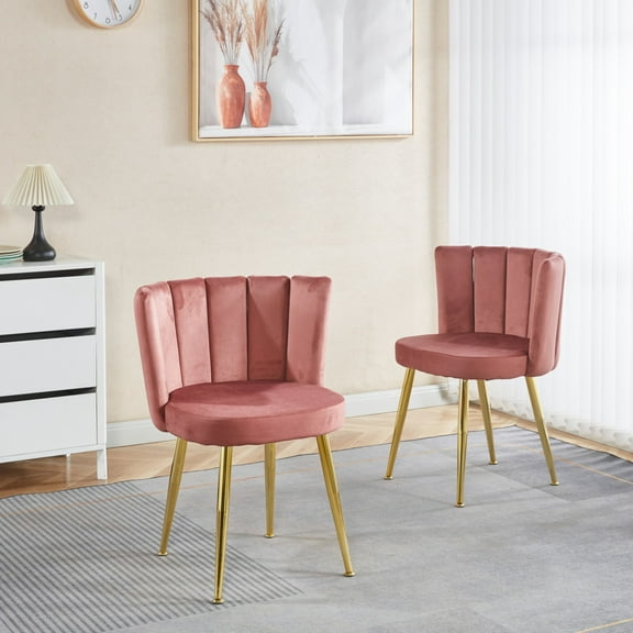 Modern Pink Velvet Dining Chairs (Set of 2) With Golden Metal Legs