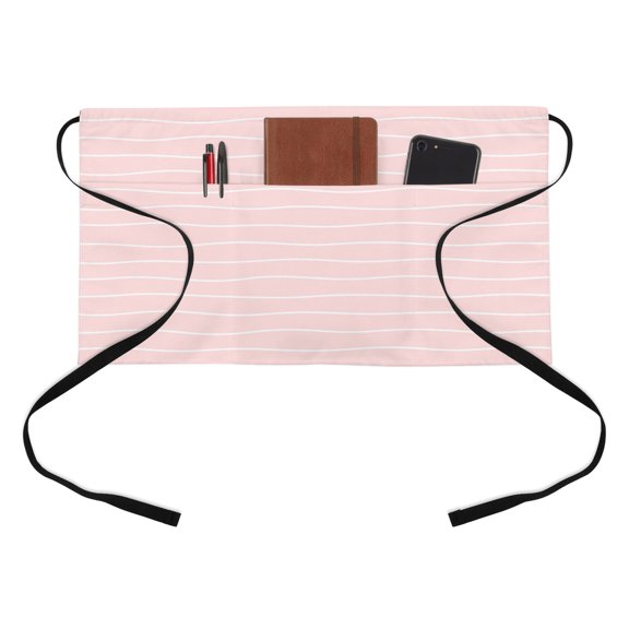 Modern Pink Wavy Stripe Kitchen Restaurant Half Waist Apron, Abstract Trend Rippling Water Lines Server Short Apron with 3 Pockets Waterproof Oil Waist Aprons for Women Waitress Waiter