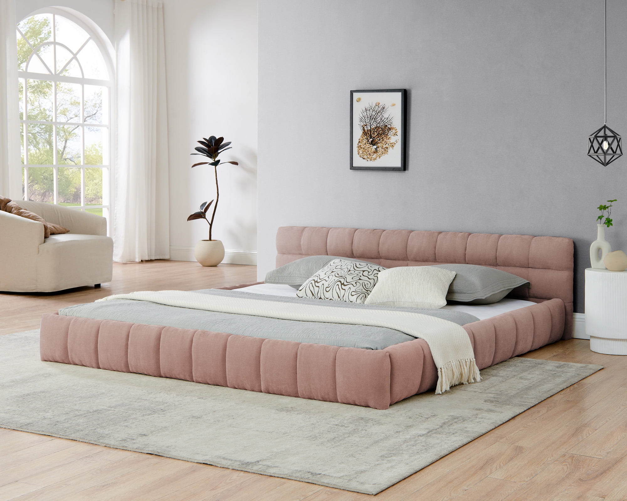 Modern Pink Wood Frame King Chenille Upholstered Platform Bed with Headboard