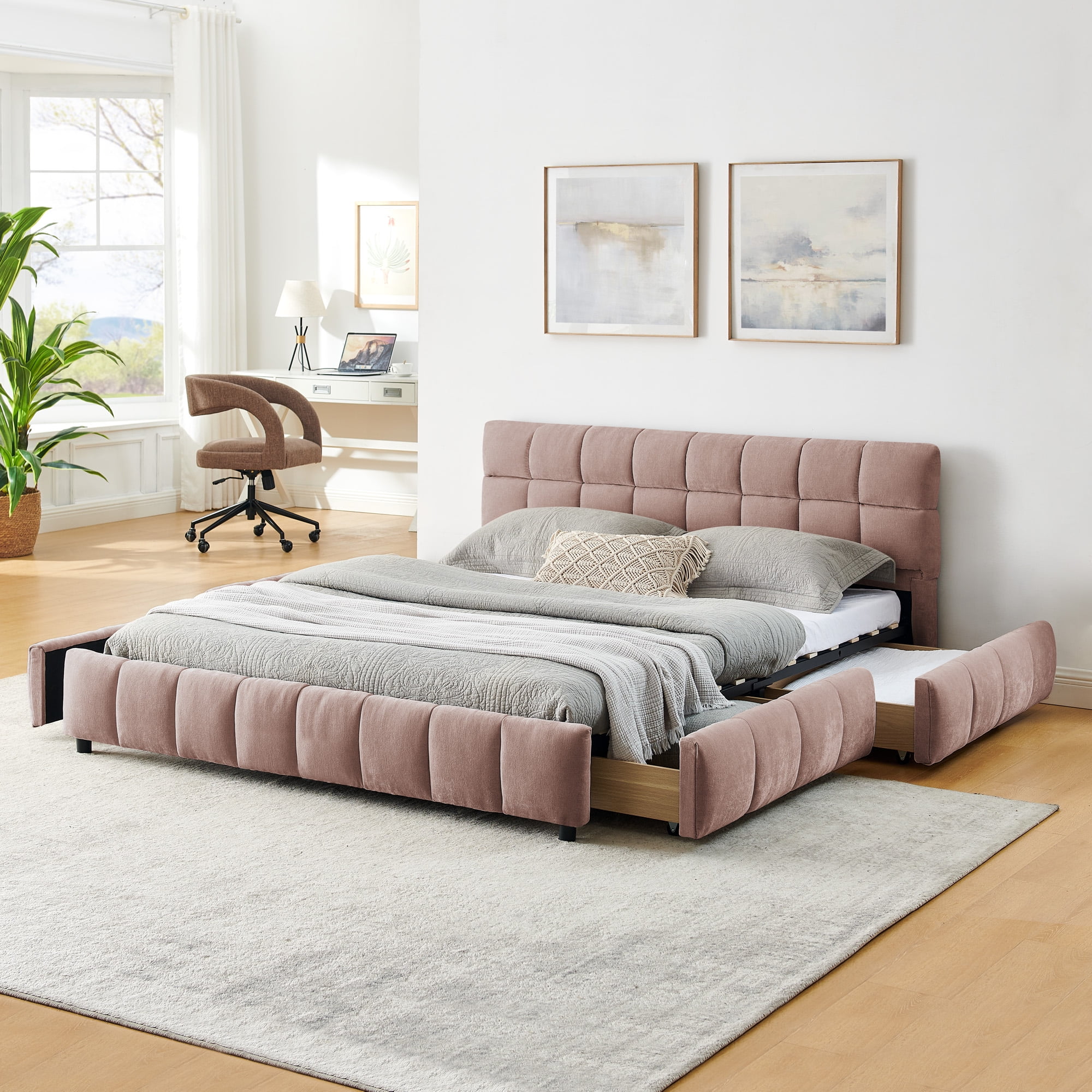 Modern Pink Wood Frame Queen Chenille Upholstered Platform Bed with Headboard & 4 Drawers