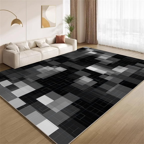 Modern Plaid Area Rugs, Grey Black Checkered Carpet, Washable Non Slip Low Pile Soft Rug for Living Room Bedroom Decor Mat 2ftx3ft