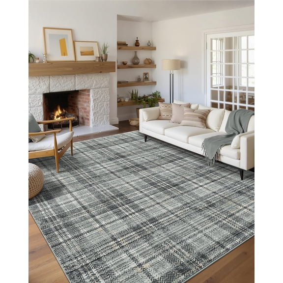 Modern Plaid Washable Rug 8 x 10 Rug for Living Room Soft Farmhouse Tartan Area Rug for Bedroom Non Shedding Non Slip Throw Rugs Stain Resistant Carpet for Nursery Office 8'x10' Greenish Grey