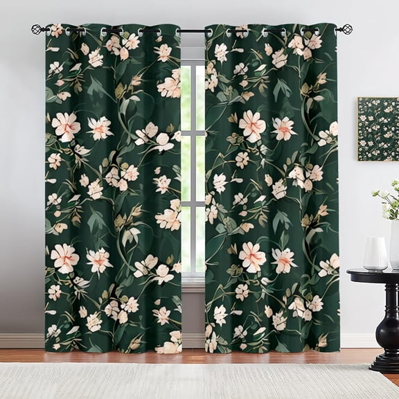 Modern Plant Pink Flowers Grommet Curtains For Bedroom, Green Leaf Background Blackout Curtains Home Decor, Soft Drapes Window Curtain For Living Room Playroom Apartment 21"W x 45"L (Pack of 2)