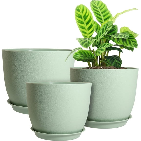Modern Plant Pots Set, 9/8/7.5 inch Plastic Planters for Indoor Plants, Stylish Flower Pots with Drainage Holes and Saucers for House Plants and Flowers, Blue