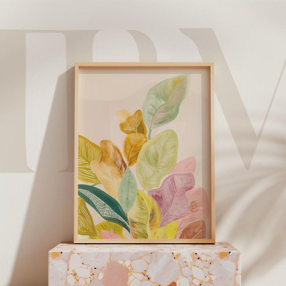 Modern Plant Print, Colorful Leaf Illustration For Bohemian & Eclectic Home Decor Wall Art Home Decor #419, Stretched Canvas Size 12x18