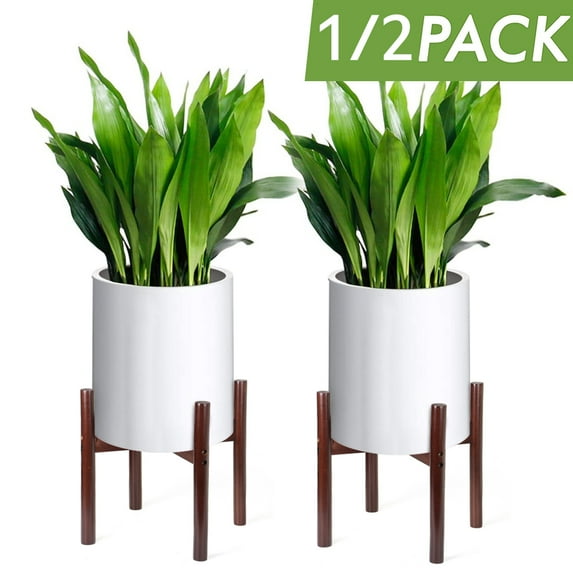 Modern Plant Stand Flower Pot Holder Shelf, 200lbs Bearing Fit 9''-10'' Pot, Indoor Outdoor Bamboo/Metal Flower Rack, 1/2 PACK