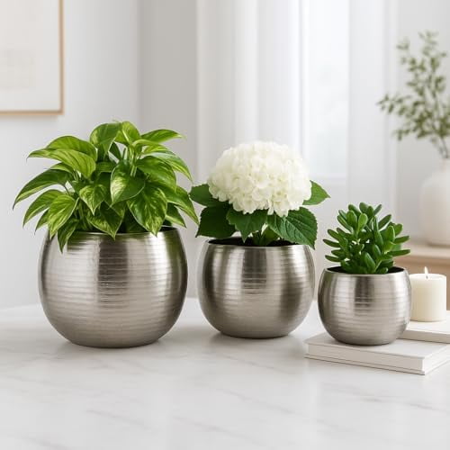 Modern Planters and Flower Pots for Home Decor Metal Plant Pots Perfect for Indoor and Outdoor Houseplants Stunning Accent for Garden, Patio, and Living Room Decor Set of 3 11", 10", 8" Silver