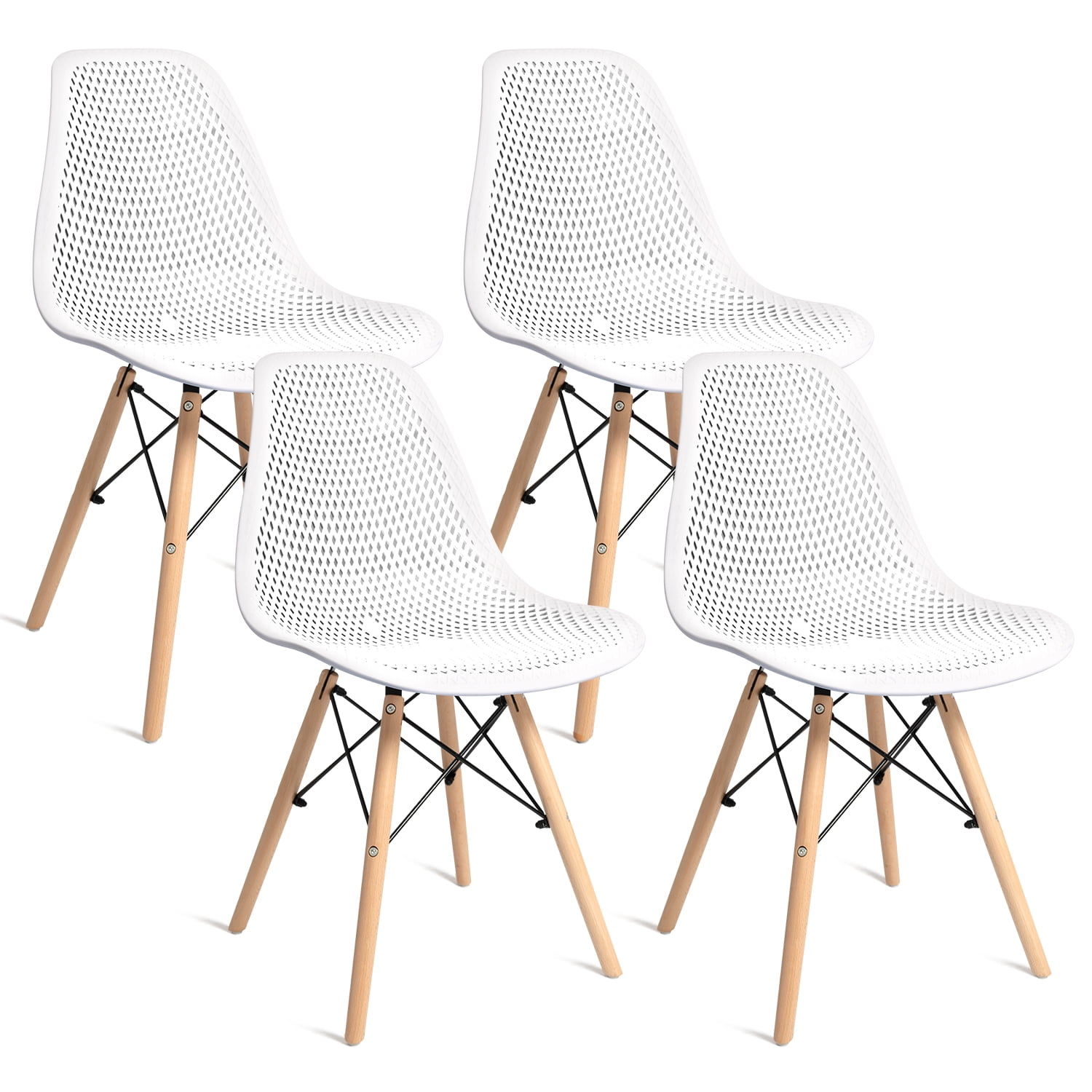 Modern Plastic Armless Side Chair with Beech Wood Leg for Kitchen, Set of 4, White