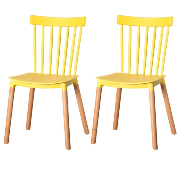 Modern Plastic Dining Chair Windsor Design with Beech Wood Legs, Yellow Set of 2