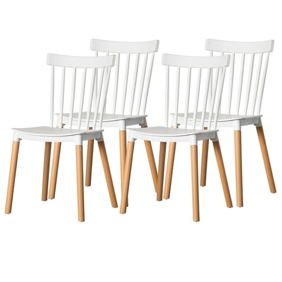 Fabulaxe Modern Plastic Dining Chair Windsor Design with Beech Wood Legs, White Set of 4