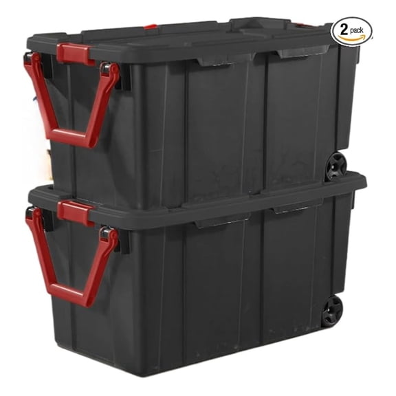 Modern Plastic & Metal 40 Gallon Lidded Home Storage Bins, Stackable Industrial Storage Containers Tote, Organizing Tote Tub Box with Wheeled, Moving Boxes, Set of 2, Black
