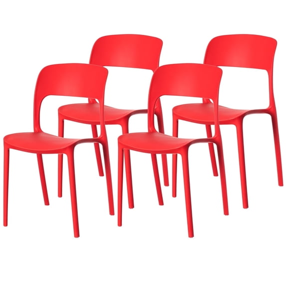 Modern Plastic Outdoor Dining Chair with Open Curved Back, Red Set of 4