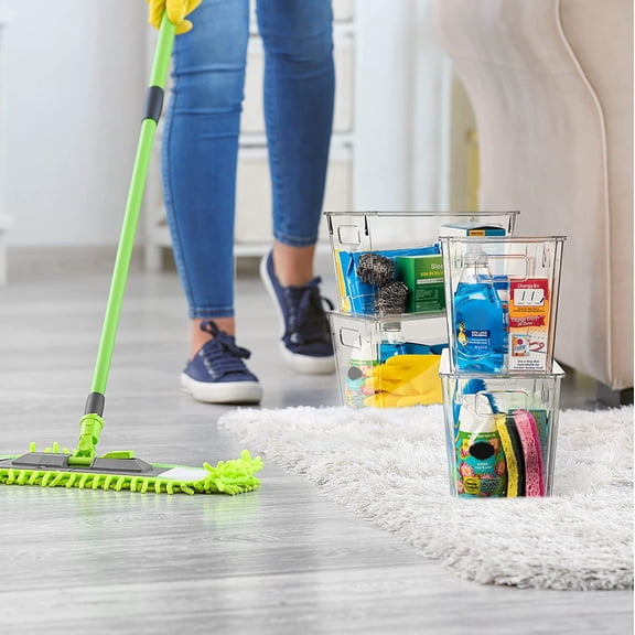 Modern Plastic Storage Bins with Lids Perfect Kitchen Organization or Pantry Fridge Organizer, 8 Pack, Transparent, Rectangular, 12.5" x 6" x 7", 9L Capacity, 8 Compartments