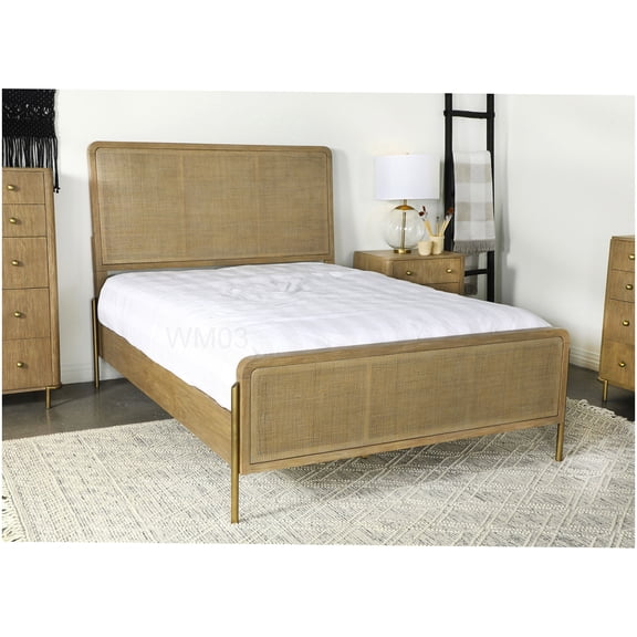 Modern Platform Bed Frame Eastern King, Coastal Weathered Finish with Woven Cane, Mid-Century Tapered Legs, No Box Spring