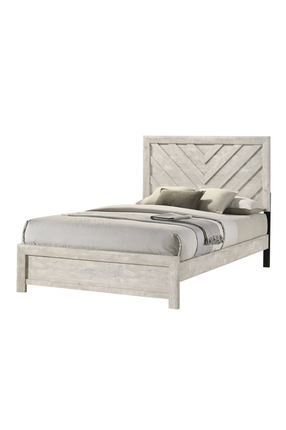 Modern Platform Bed Frame Full Size with Geometric Headboard, Wood Slat Support, Beige Gray Finish, Low Profile