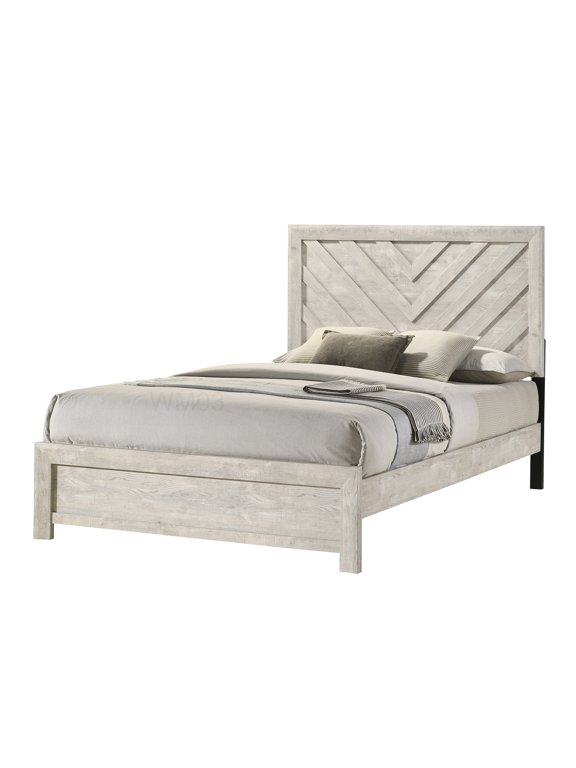 Modern Platform Bed Frame Full Size with Geometric Headboard, Wood Slat Support, Beige Gray Finish, Low Profile