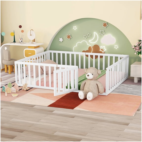 Modern Platform Bed Frame Queen with Safety Rail Gate, Low Profile Solid Wood Structure, White Minimalist Bed No Assembly Tools