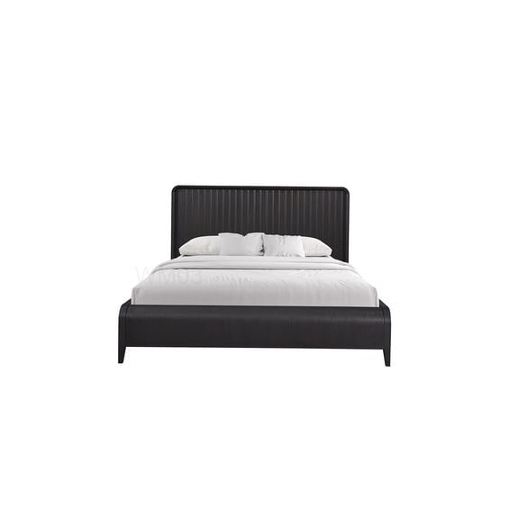 Modern Platform Bed Frame with Headboard, Queen Size Upholstered Bed, Channel Tufted Design, Black Wood Furniture, No Box Spring Needed