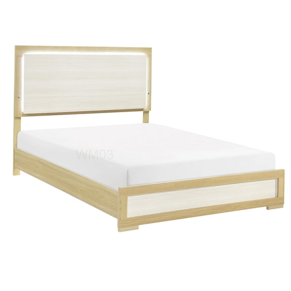 Modern Platform Bed Frame with LED Lights, Queen Size Wood Bed in White and Natural