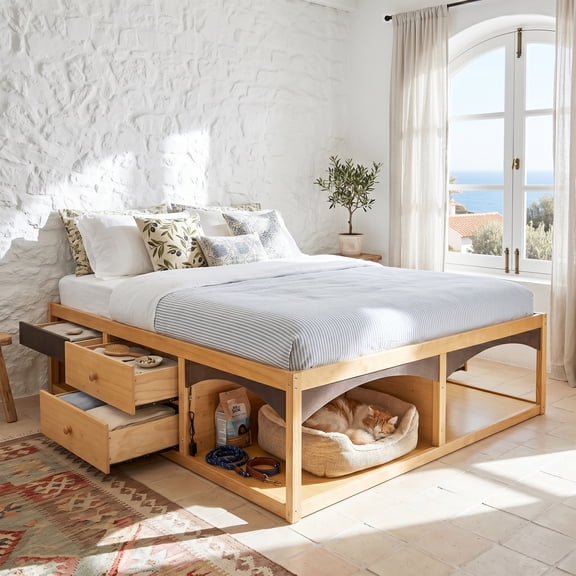 Modern Platform Bed with Ample Storage & Sturdy Build, Solid Wood Frame  Natural  maximizing space without compromising style