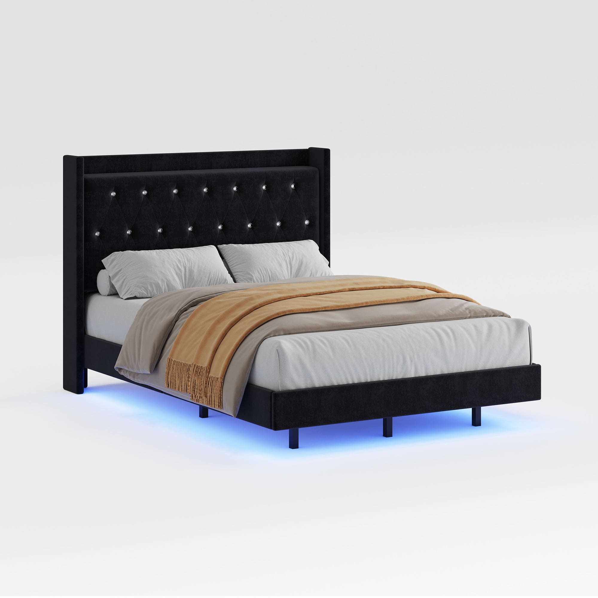 Modern Platform Bed with LED Lights & Storage - Upholstered Headboard, Noise Free, Full size