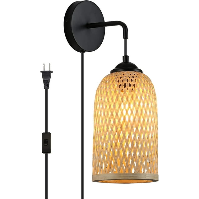 Modern Plug in Bamboo Wall Light Fixture with Switch Basket Rattan