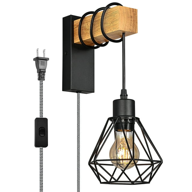 Modern Plug in Cord Black Cage Wall Lamp Retro Wood Pendant Lamp