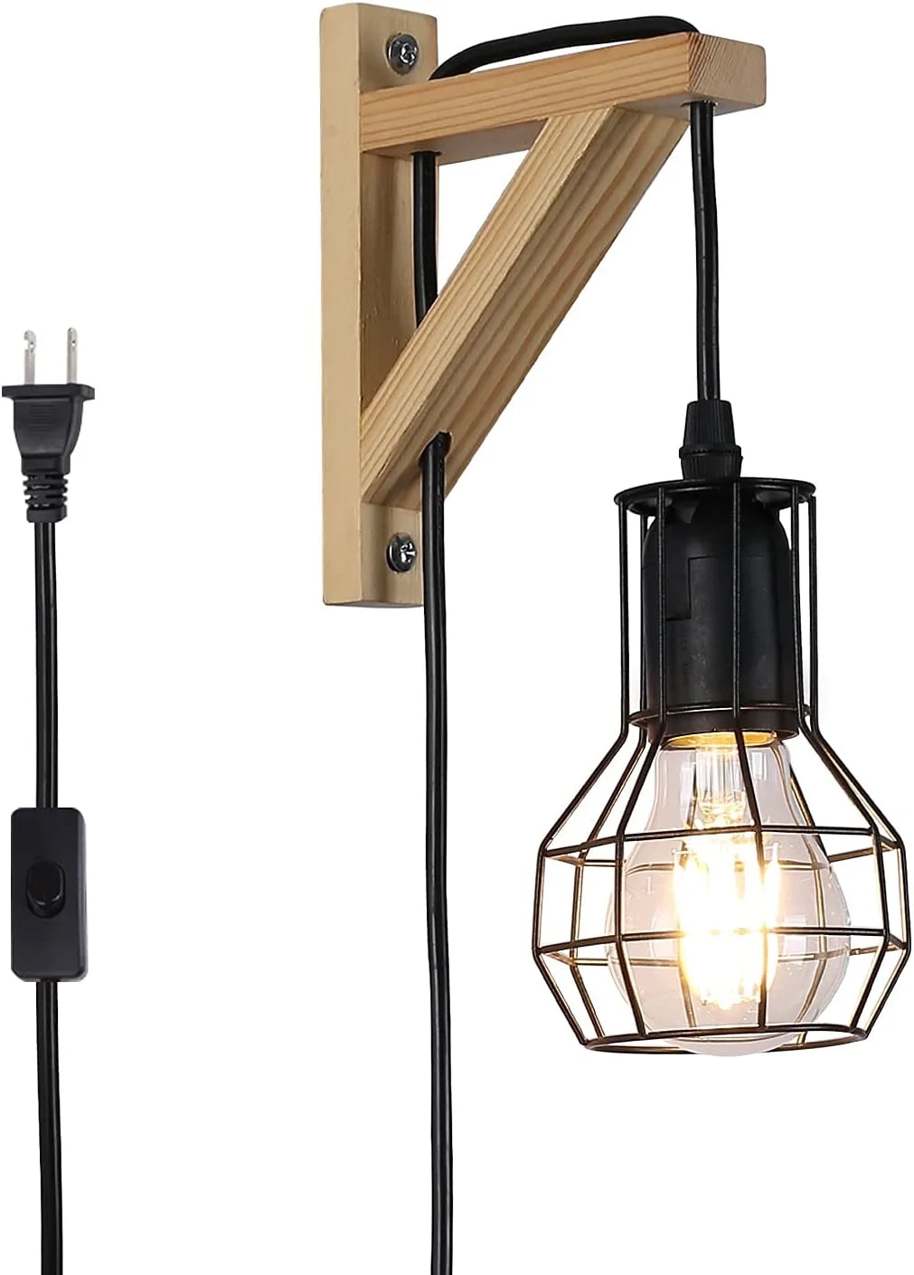 Modern Plug in Cord Cage Wall Lamp Lift Pipe - Black Wood Retro Rustic Pendant Lamp Adjustable Hanging Wall Mount Light Fixture - Industrial Indoor Wall Sconces Decoration for Living Room Kid Bedroom