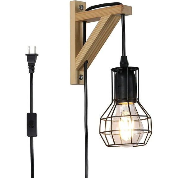 Modern Plug in Cord Cage Wall Lamp Lift Pipe - Black Wood Retro Rustic Pendant Lamp Adjustable Hanging Wall Mount Light Fixture - Industrial Indoor Wall Sconces Decoration for Living Room Kid Bedroom