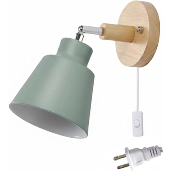 Modern Plug in Wall Light: Adjustable Angle Plug in Wall Sconce, Wall Lamps Up Down E26 Mounted Fixture Wood Metal Lighting Switch Bedside Decor Reading Lights for Kids Bedroom, Living Room (Green)