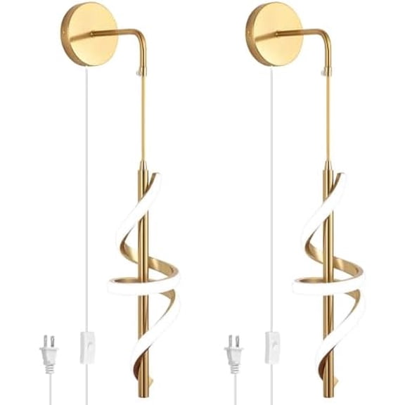 Modern Plug in Wall Sconces Set of Two,4500K Neutral Light Plug in Wall Light,Spiral Led Wall Lamp with Plug in Cord/Hardwire,Gold Indoor Sconce Wall Lighting Decor for Bedside Bedroom