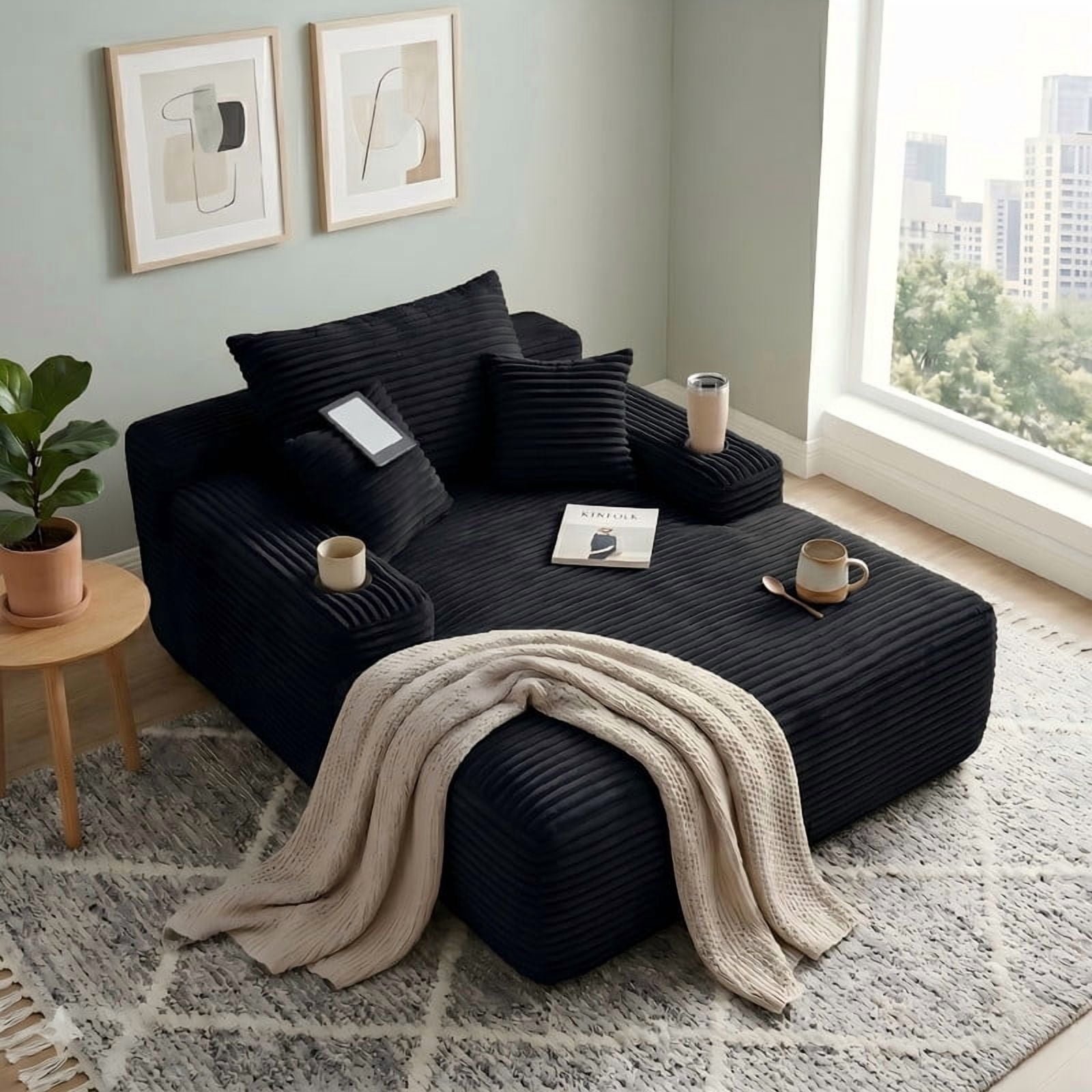 Modern Plush Faux Fur Oversized Chaise Lounge Sofa Chair with Deep Seat Memory Foam and Pillows, No Assembly Required for Living Room Bedroom Studio, Black