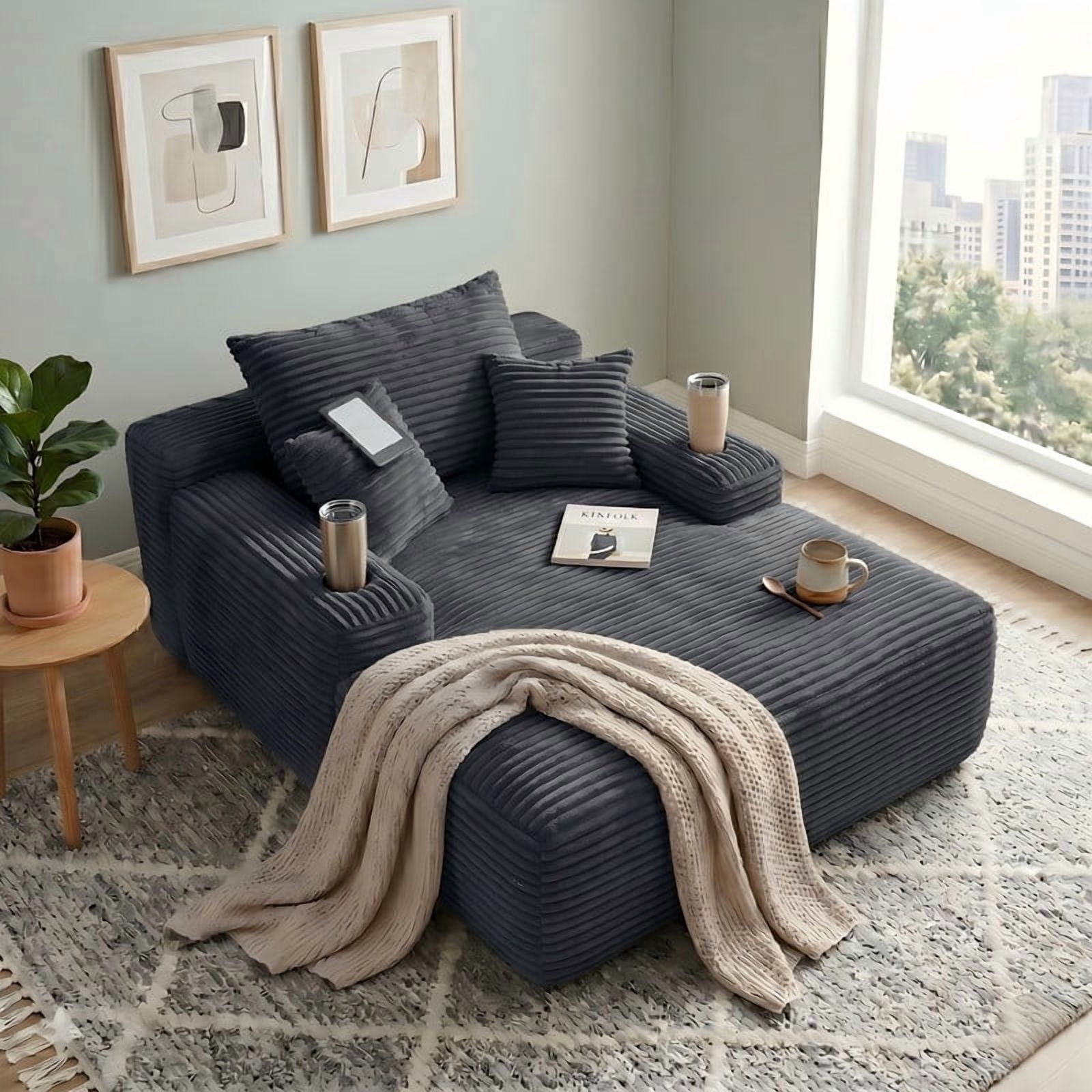 Modern Plush Faux Fur Oversized Chaise Lounge Sofa Chair with Deep Seat Memory Foam and Pillows, No Assembly Required for Living Room Bedroom Studio, Gray