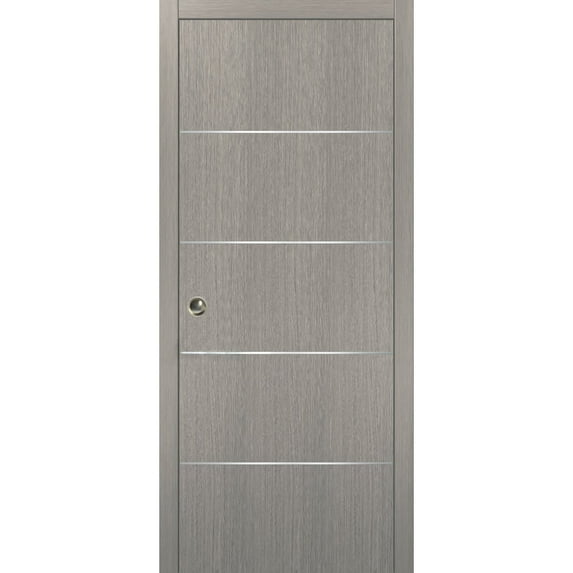 Modern Pocket Door | Planum 0020 Grey Oak | Kit Trims Rail Hardware | Solid Wood Interior Bedroom Sliding Closet Sturdy Doors-18" x 80"