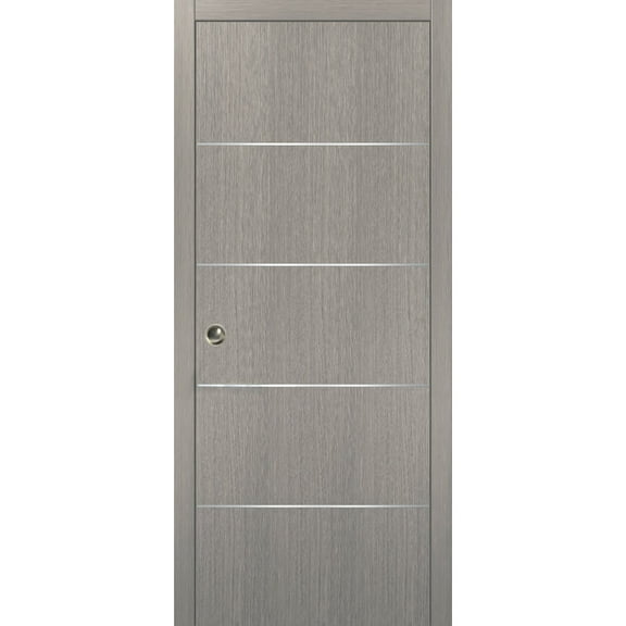 Modern Pocket Door | Planum 0020 Grey Oak | Kit Trims Rail Hardware | Solid Wood Interior Bedroom Sliding Closet Sturdy Doors-36" x 84"