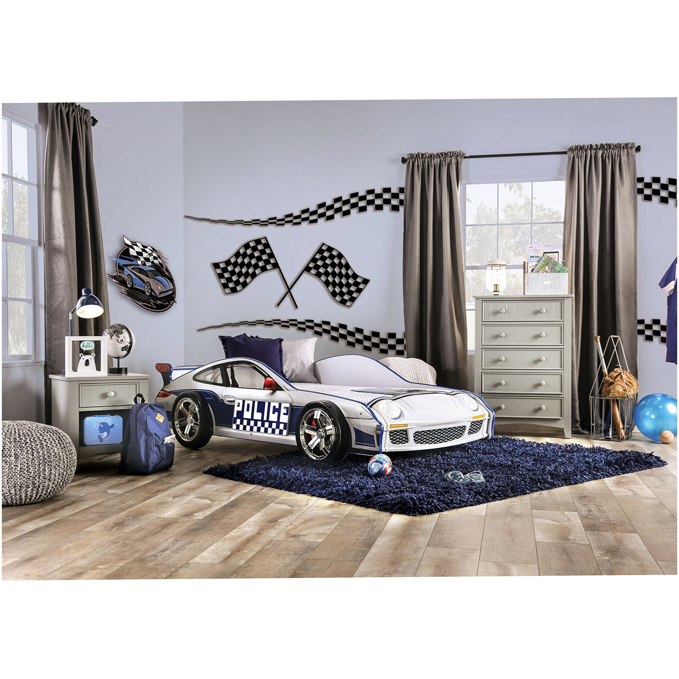 Modern Police Car Twin Bed with LED Lights, High Gloss Metal Frame for Enhanced Stability