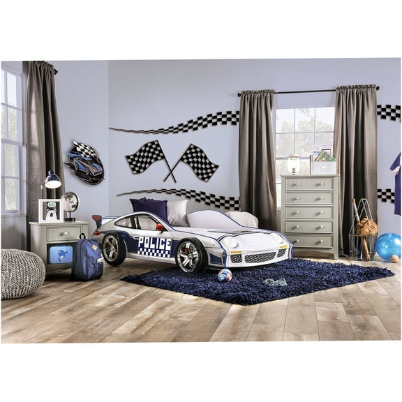 Modern Police Car Twin Bed with LED Lights, High Gloss Metal Frame for Enhanced Stability