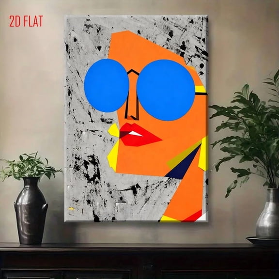 Modern Pop Art Abstract Face Wall Painting - Red Lips & Blue Glasses Female Portrait with Black Contour Lines, Grey Mottled Background - Minimalist Geometric Pop Icon Art for /Office Decor