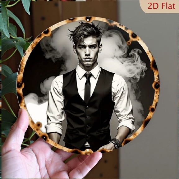 Modern Portrait Wall Art, Young Man in Formal Suit with Smoke Background, 8x8 Inch Round Aluminum Metal Print for Home Office Wall Decor