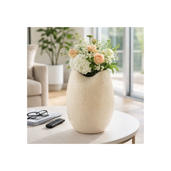 Round Textured Pottery Vase for Living Room Decor - Decorative Flower Vase for Bedroom, Office Desk, and Home Decor - House Accent for Shelf, Kitchen, and Coffee Table - 12", Cream