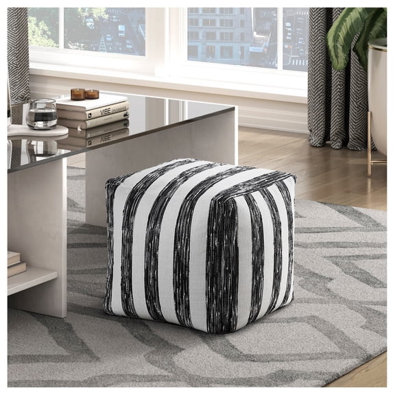 Modern Pouf Black and White Striped Fabric Upholstered Ottoman, Non-Slip Floor Pouf, Bean Bag Chair, 1pc Sitting Pouf