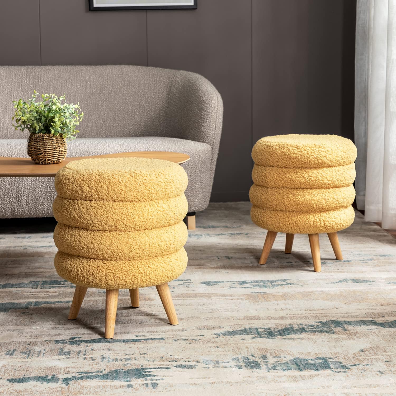 Modern Pouf Ottoman With Wooden 4 Legs, Plush Foam Makeup Vanity Stool