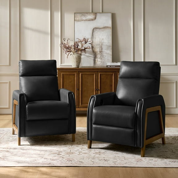 Modern Power Genuine Leather Recliner Chair Set of 2 with USB and Solid Wood Legs for Living Room Black