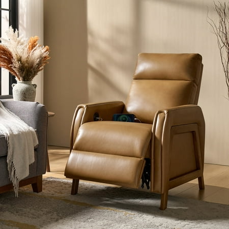 Modern Power Genuine Leather Recliner Chair with USB and Solid Wood Legs for Living Room Camel