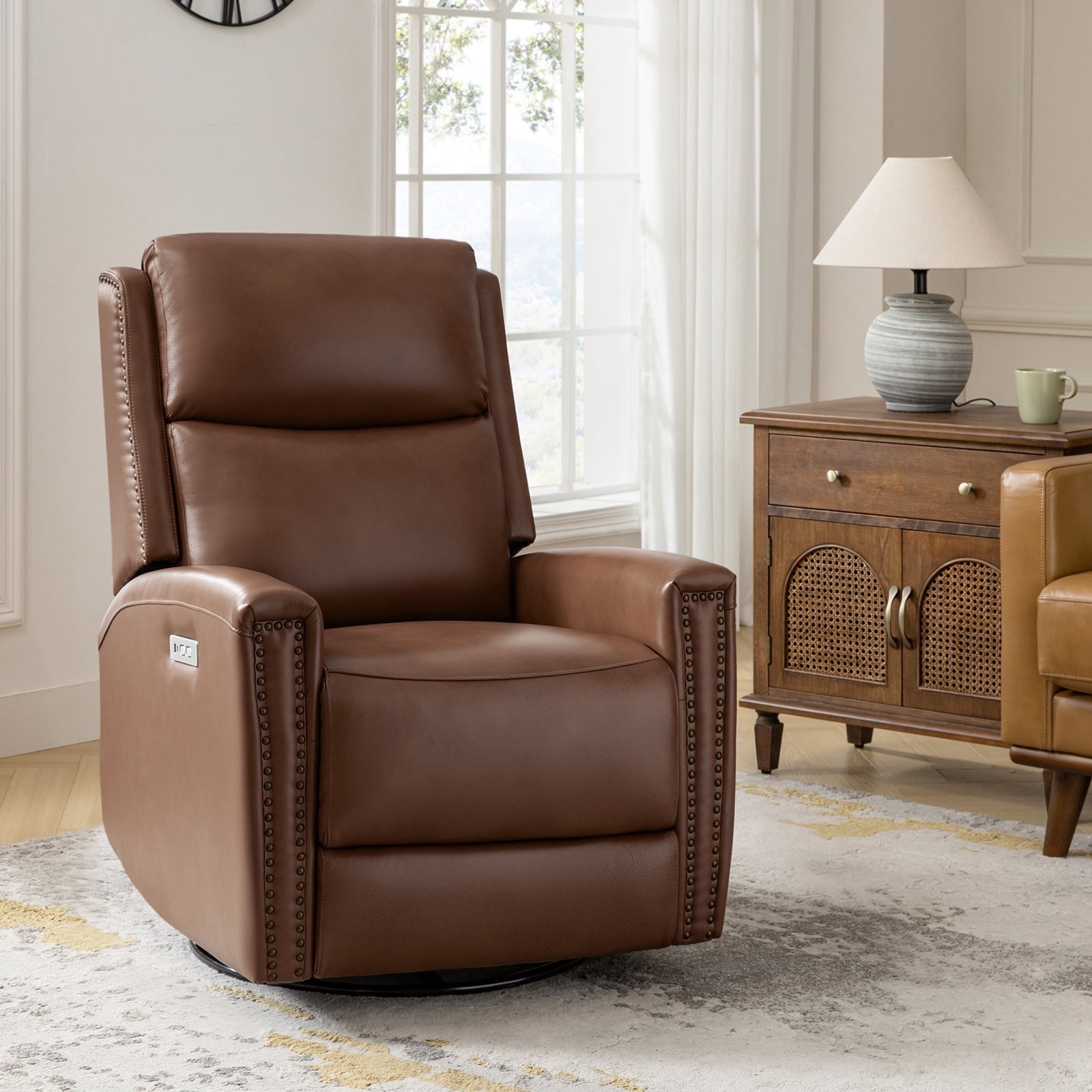 Modern Power Genuine Leather Swivel Recliner Chair with USB and ...