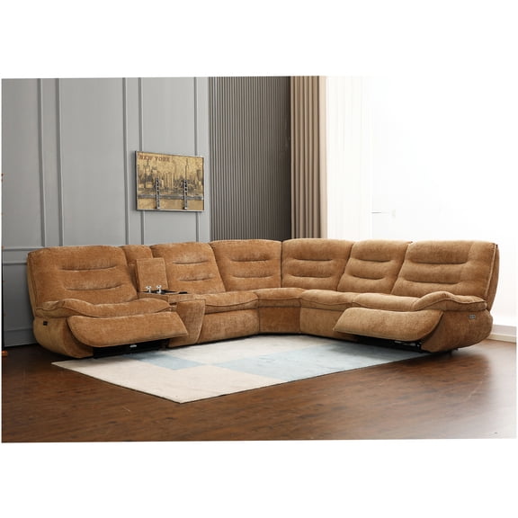 Modern Power Motion Reclining Sofa Set with Charging Console in Soft Chenille