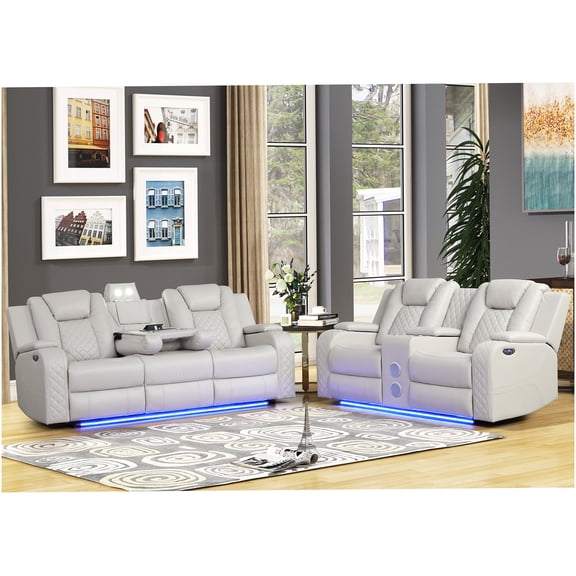 Modern Power Recliner 2-Piece Set with LED Lights and Bluetooth Speaker in Luxurious Beige Faux Leather