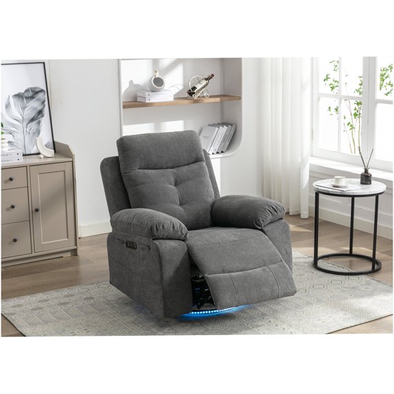 Modern Power Recliner Glider Chair with Bluetooth Speaker, 270 Swivel, LED Light, USB/Type-C Charging in Dark Grey Linen