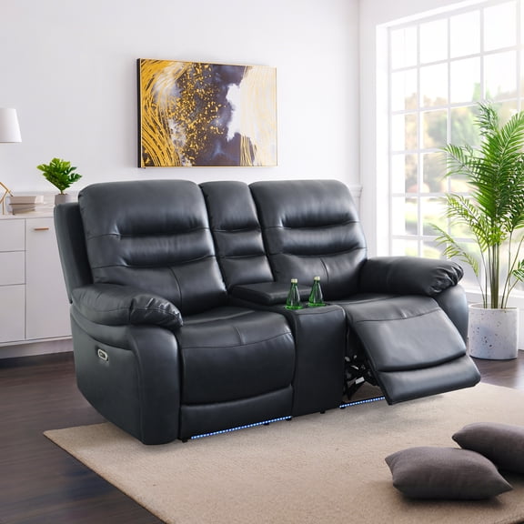 Modern Power Recliner Loveseat Chair Set, 2 Seater Leather Home Theater Reline Seating with LED Lighting, USB Ports, black